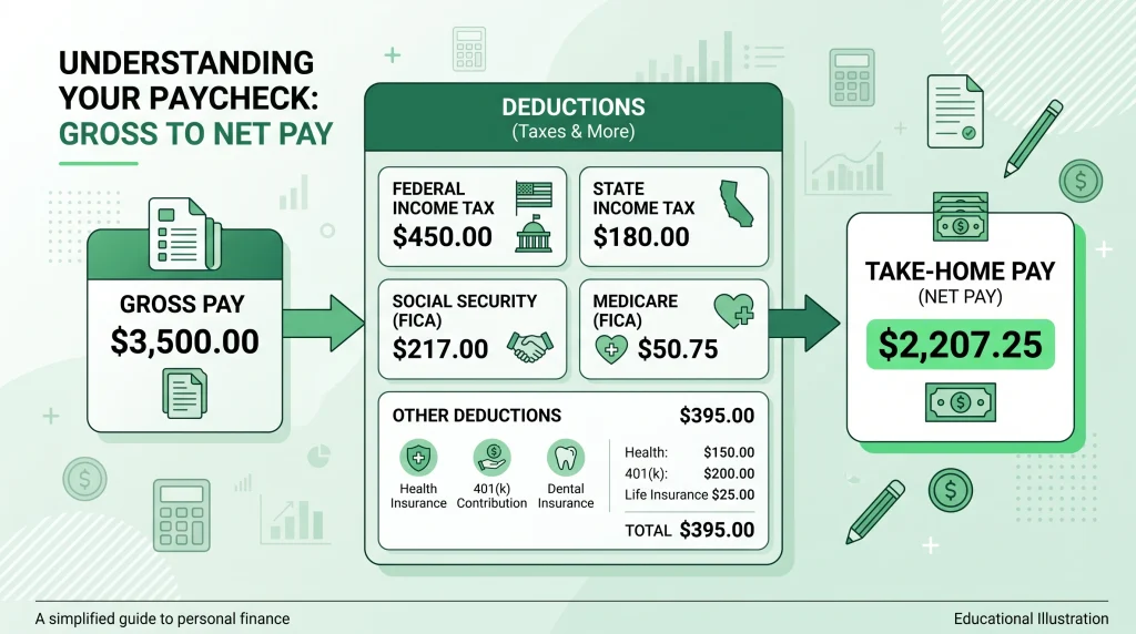 Use our free paycheck calculator to estimate take-home pay, taxes, salary, deductions, and hourly income. Calculate your paycheck online.
