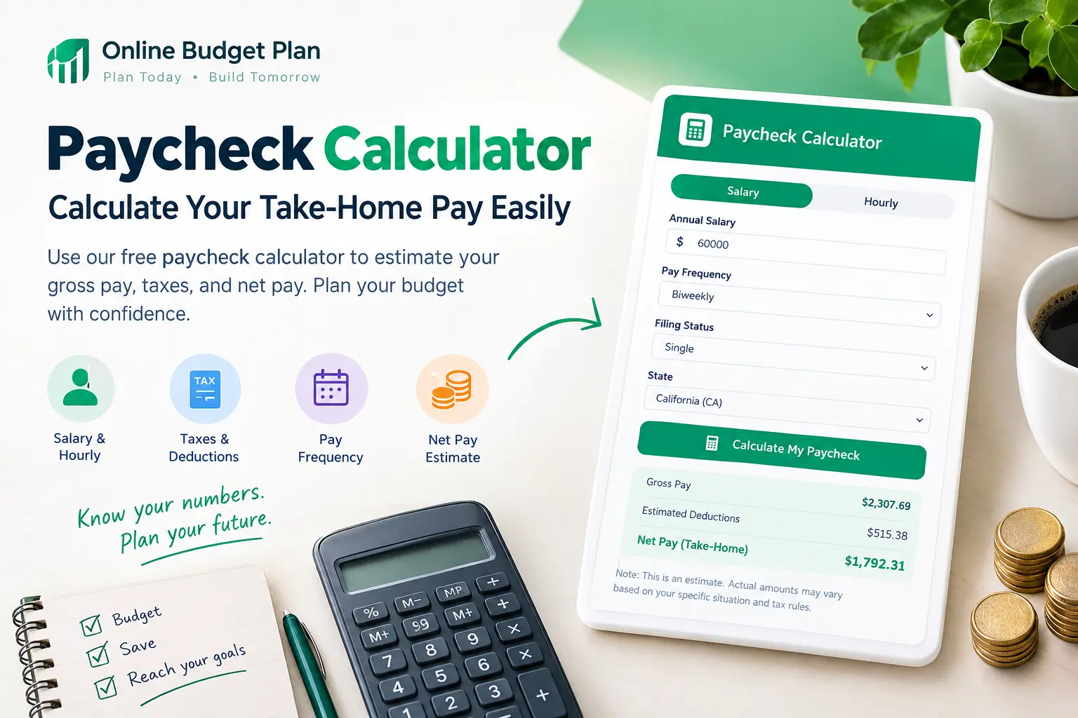 Paycheck calculator for estimating take-home pay